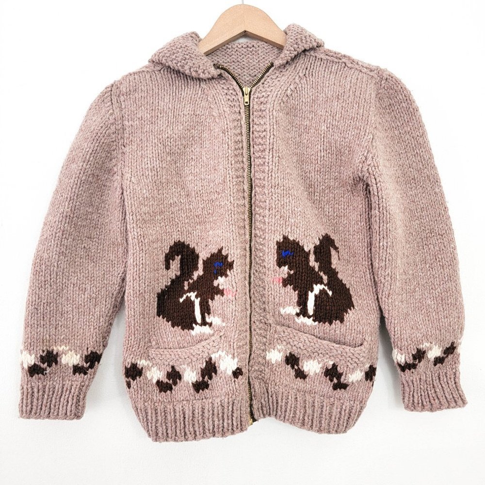Vintage Handmade Squirrel Intarsia Wool Cowichan Hooded Cardigan Sweater XS